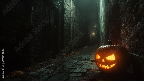 A dark alleyway illuminated by the flickering light of a jack-o'-lantern, with shadows moving mysteriously in the background photo