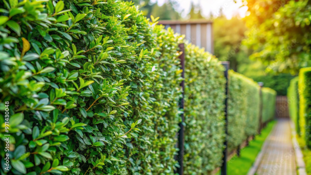 Lush green hedge fence lining pathway in serene backyard, bathed in warm sunlight, creating peaceful and inviting atmosphere Lush green hedge fence lining pathway in serene backyard, bathed in warm sunlight, creating peaceful and inviting atmosphere
