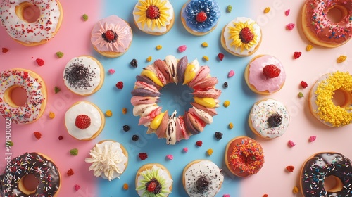 A creative flat lay of donuts arranged in a circular pattern, with various toppings and fillings visible, highlighting the vibrant colors and textures.