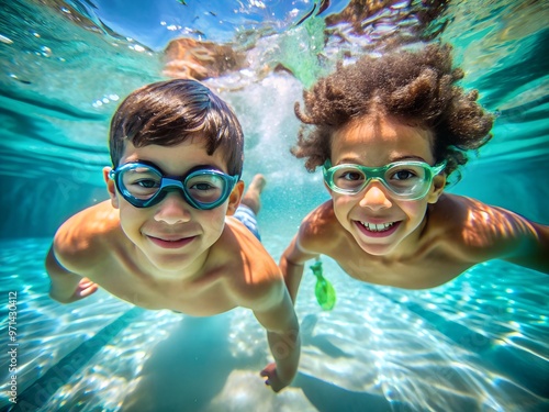happy smiling kids swimming on pool underwater, childrens in summer vacation holiday