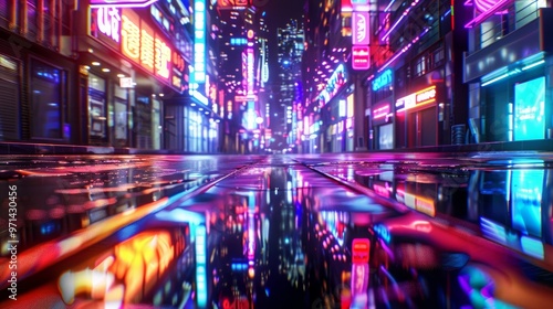 3D Rendering of abstract neon mega city with light reflection from puddles on street. Concept for night life, never sleep business district center (CBD)Cyber punk theme. 