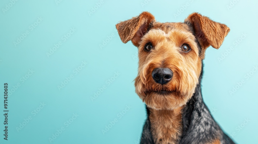 An Airedale terrier on a light blue background, copy space An Airedale terrier on a light blue background, copy space