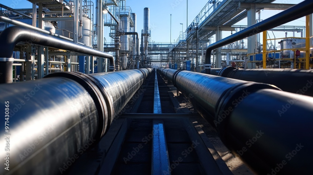 A low-angle view of a network of large black pipes at a chemical plant. A low-angle view of a network of large black pipes at a chemical plant.