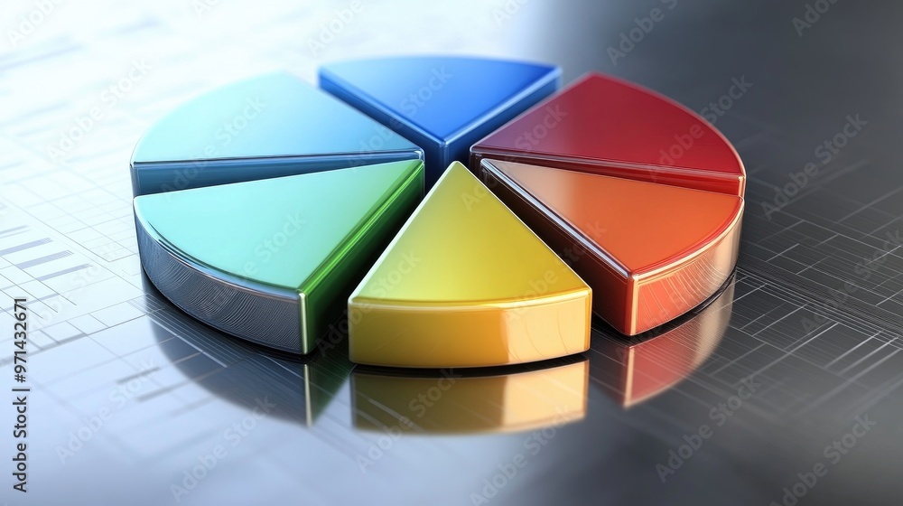 Obraz premium A dynamic 3D pie chart with metallic segments, arranged on a reflective surface, representing financial data and business performance