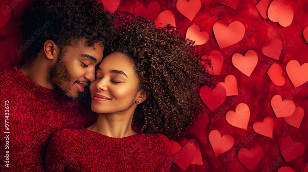 Cute black couple seeing each other and lying on red carpet with cutted paper hearts. Happy marriage and relationship. National First Love Day Cute black couple seeing each other and lying on red carpet with cutted paper hearts. Happy marriage and relationship. National First Love Day