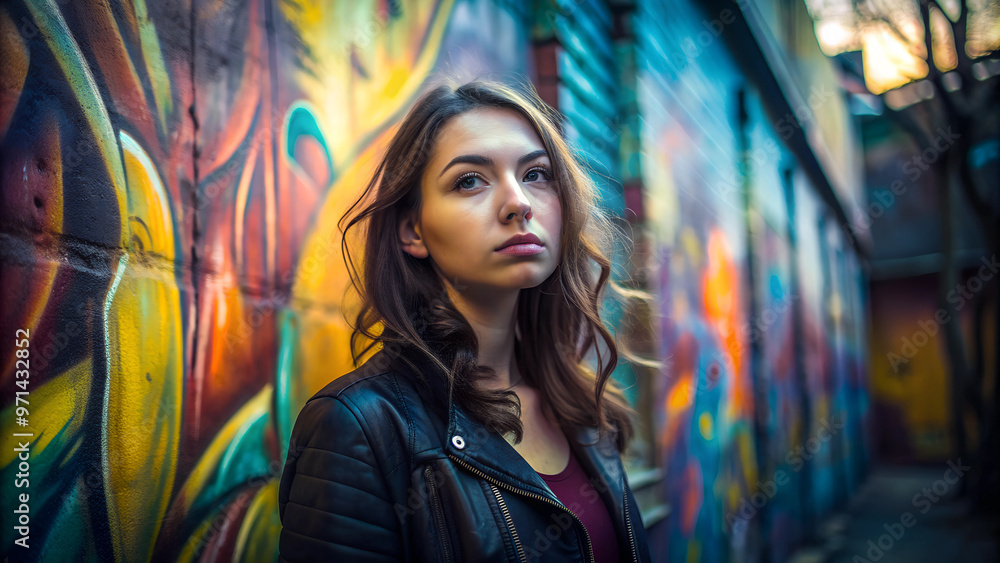 Capture a portrait of a young woman standing against a vibrant graffiti-covered wall, with the details of the street art adding texture to the background (3) Capture a portrait of a young woman standing against a vibrant graffiti-covered wall, with the details of the street art adding texture to the background (3)
