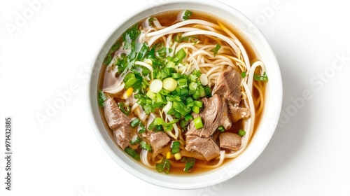 A dynamic shot of a bowl of noodle soup with clear broth, garnished with green onions, bean sprouts, and slices of meat, placed on a white background.