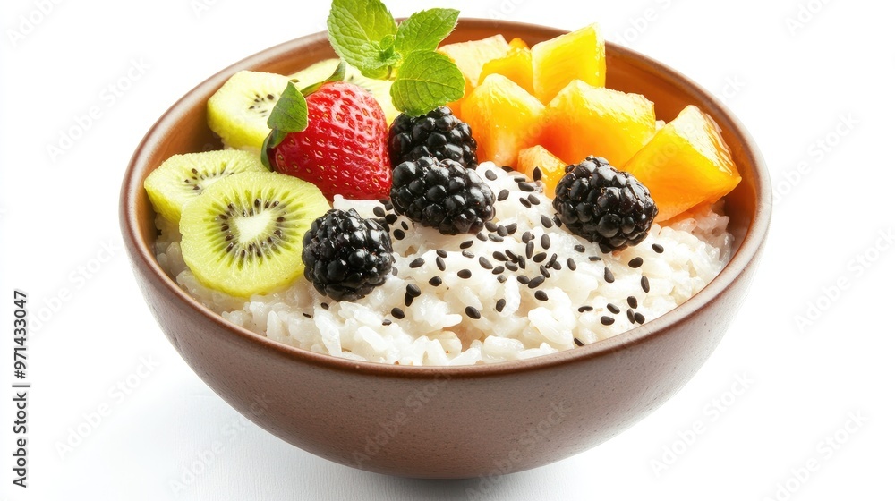A dynamic shot of a bowl of Thai sweet sticky rice with coconut milk and fresh fruit slices, placed on a white background to showcase the dessert vibrant and inviting appearance. A dynamic shot of a bowl of Thai sweet sticky rice with coconut milk and fresh fruit slices, placed on a white background to showcase the dessert vibrant and inviting appearance.