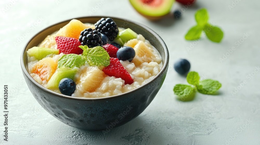 A dynamic shot of a bowl of Thai sweet sticky rice with coconut milk and fresh fruit slices, placed on a white background to showcase the dessert vibrant and inviting appearance. A dynamic shot of a bowl of Thai sweet sticky rice with coconut milk and fresh fruit slices, placed on a white background to showcase the dessert vibrant and inviting appearance.