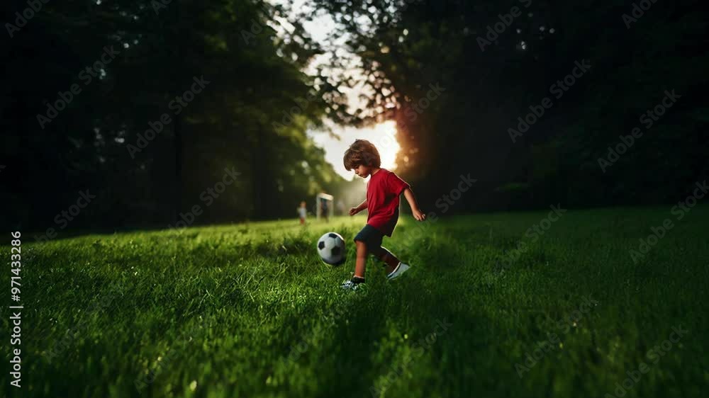 A young boy in a red shirt kicks a soccer ball in a lush, sunlit park. The scene captures the joy of outdoor play and the beauty of nature, with vibrant green grass and warm sunlight filtering through A young boy in a red shirt kicks a soccer ball in a lush, sunlit park. The scene captures the joy of outdoor play and the beauty of nature, with vibrant green grass and warm sunlight filtering through