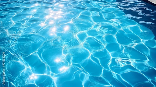 Closeup of ripples on the surface of a bright blue swimming pool.