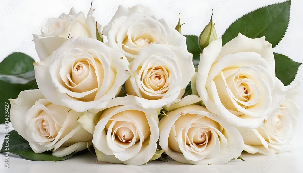 Obraz premium White rose flower bouquet or wedding posy on isolated background,A bouquet of white roses for wedding, green leaves, white flower background, minimal, beautiful rose,9456