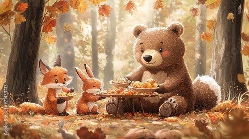 Adorable bear, fox, and bunny sharing a picnic in an autumn forest with colorful falling leaves, capturing a cozy woodland scene. photo