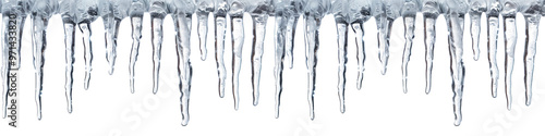 A garland of icicles hanging from the edge of a surface, isolated on a transparent background. Symbolizes winter cold, ice, and frozen water. Perfect for winter projects, seasonal decorations.