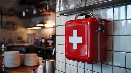Wallpaper Mural First Aid Kit Hanging on White Tile Wall in a Restaurant. Torontodigital.ca