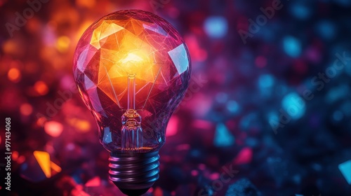 A glowing geometric light bulb with a multifaceted surface against a vibrant, blurred background of warm and cool tones.