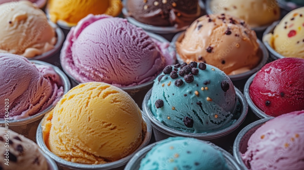A close-up of an array of colorful ice cream scoops topped with various sprinkles and chocolate chips, highlighting their vibrant textures.
A close-up of an array of colorful ice cream scoops topped with various sprinkles and chocolate chips, highlighting their vibrant textures.