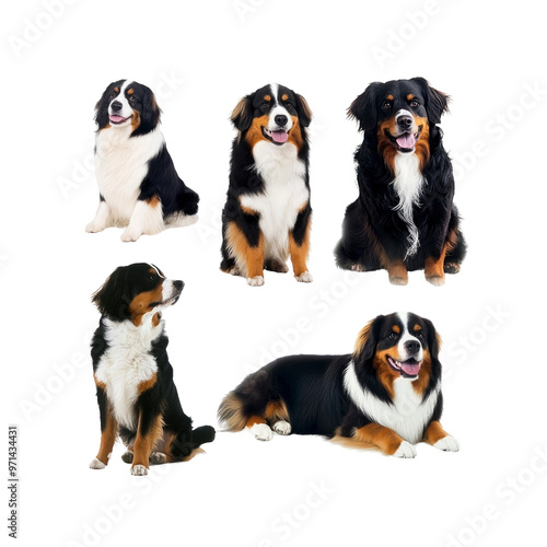 Five Bernese Mountain Dogs in Different Poses