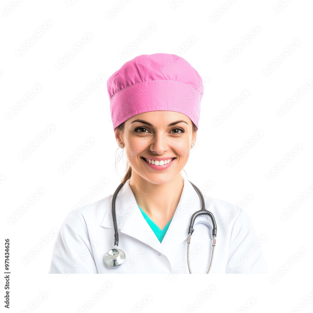 Smiling Female Doctor with Pink Surgical Cap and Stethoscope Smiling Female Doctor with Pink Surgical Cap and Stethoscope