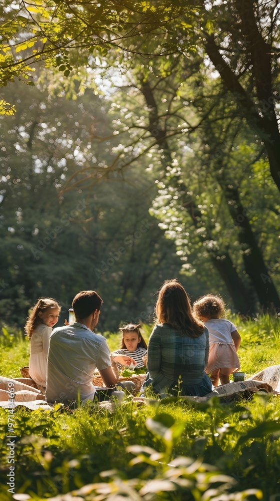Family Enjoying Eco Friendly Picnic in Lush Green Park Surrounded by Nature Family Enjoying Eco Friendly Picnic in Lush Green Park Surrounded by Nature