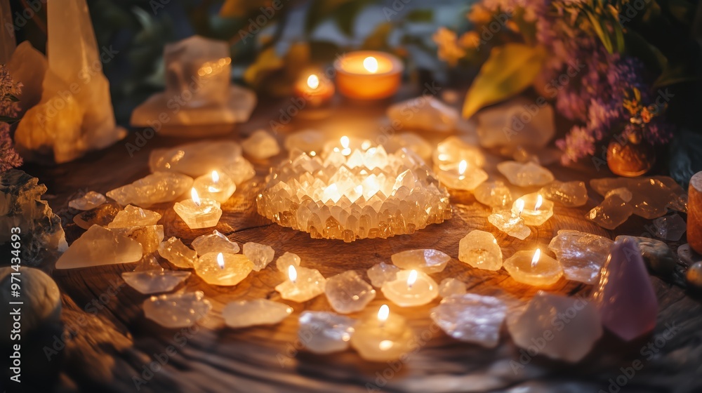 A serene arrangement of crystals and candles illuminates a tranquil space filled with natural elements during twilight A serene arrangement of crystals and candles illuminates a tranquil space filled with natural elements during twilight