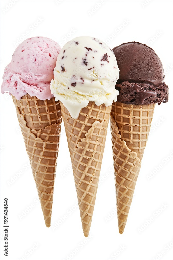 Ice cream cones with various flavors isolated on background Ice cream cones with various flavors isolated on background