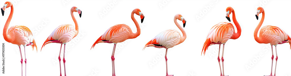 Obraz premium A row of pink flamingos standing on a white background