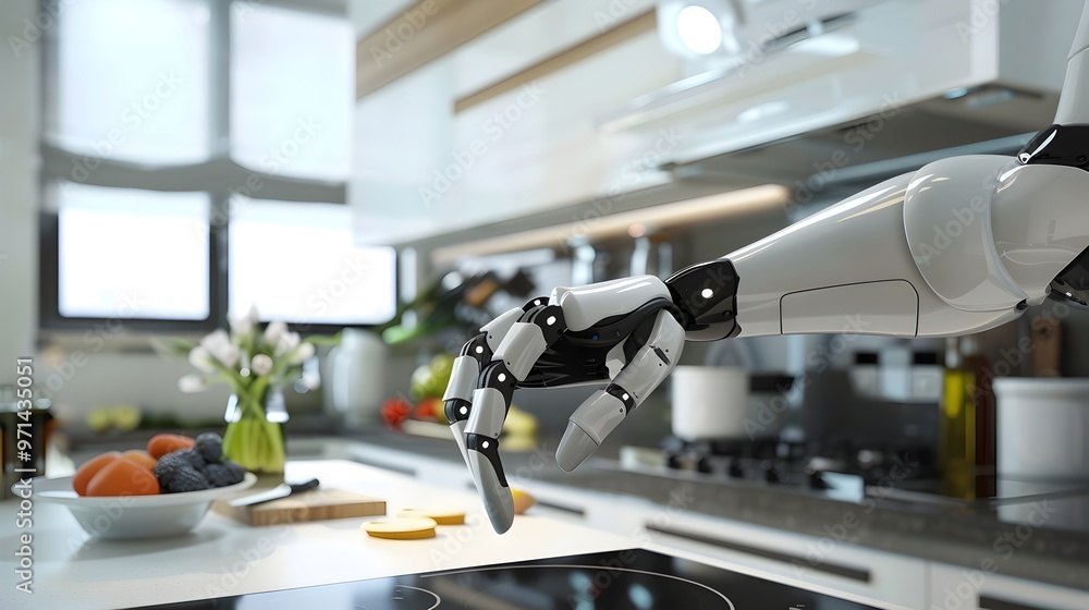Robotic Kitchen Assistant Preparing Meal in Modern Home Kitchen Robotic Kitchen Assistant Preparing Meal in Modern Home Kitchen