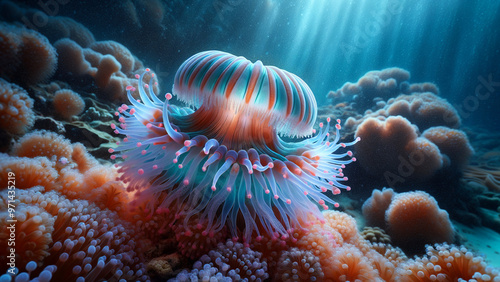 Stunning bioluminescent sea creature glowing in vibrant colors, set against a rich coral reef backdrop. Perfect for underwater fantasy themes and marine life visuals