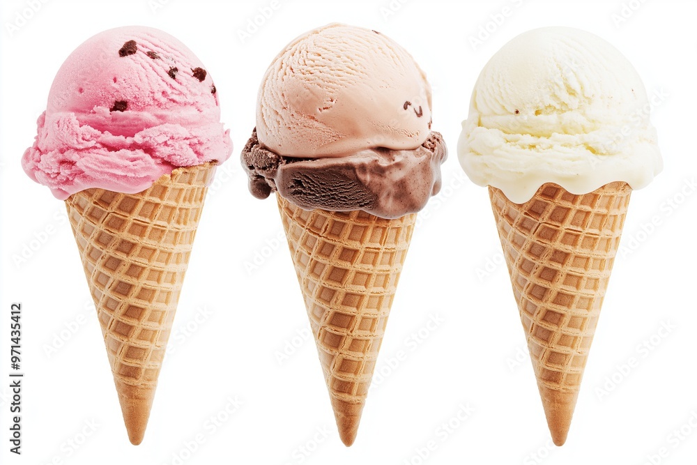Ice cream cones with various flavors isolated on background Ice cream cones with various flavors isolated on background