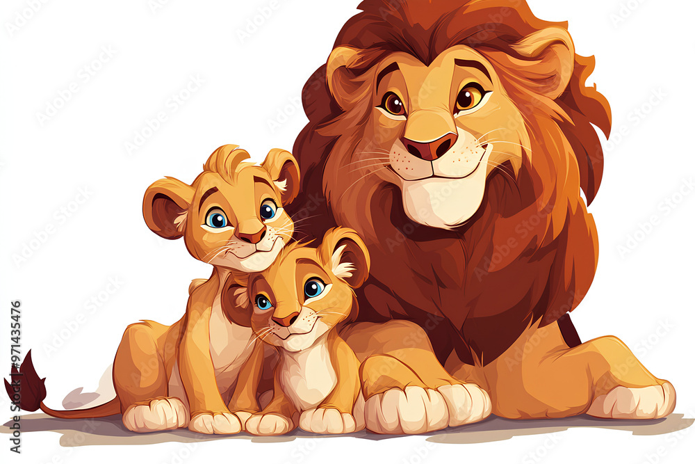 Obraz premium A cartoon lion and two cubs, showcasing a family moment in a playful style.