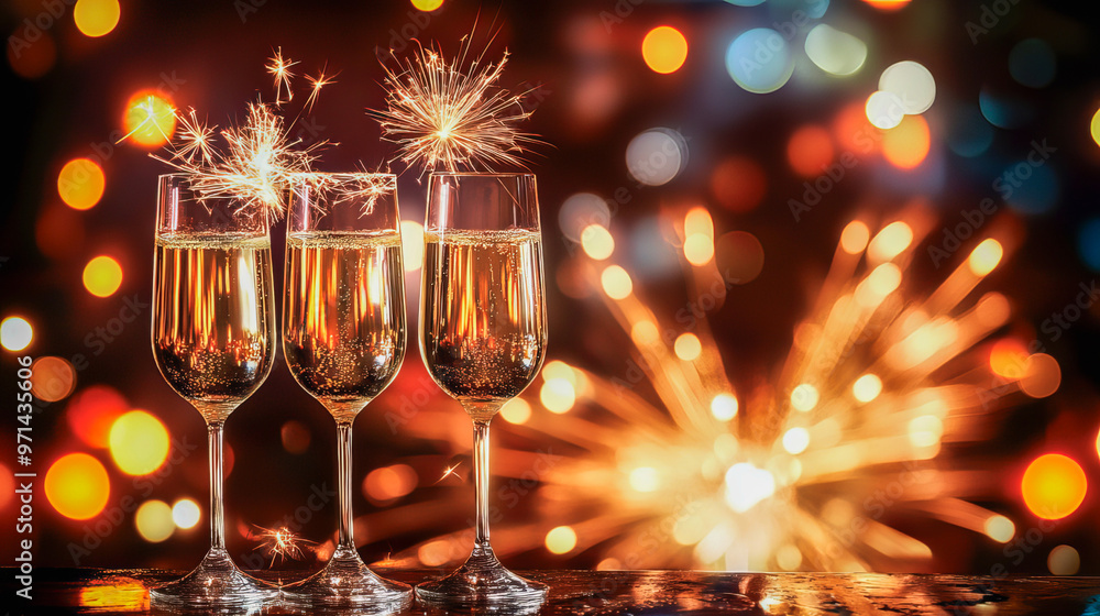 New year greeting cart with champagne glasses and sparklers on black New year greeting cart with champagne glasses and sparklers on black