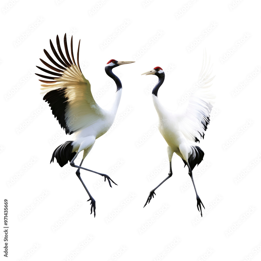 Two Red-Crowned Cranes in Flight, Isolated on White Background Two Red-Crowned Cranes in Flight, Isolated on White Background