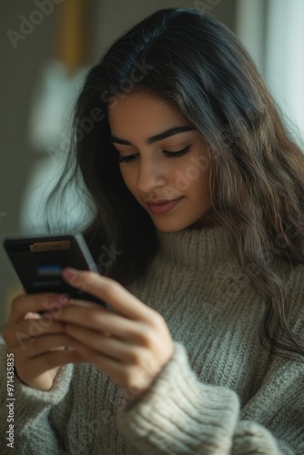 Woman looks at cell phone