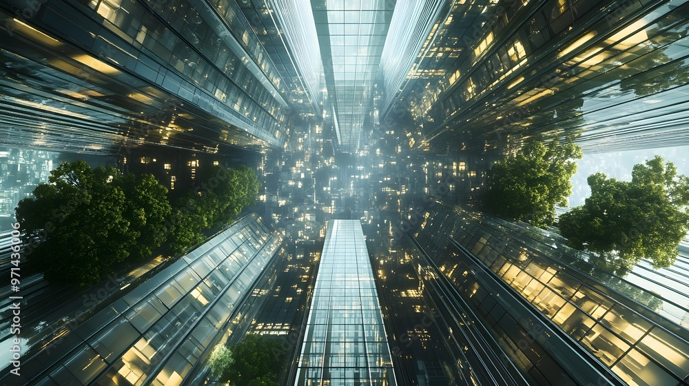 Fototapeta premium Upward View of Modern Cityscape with Trees and Reflections