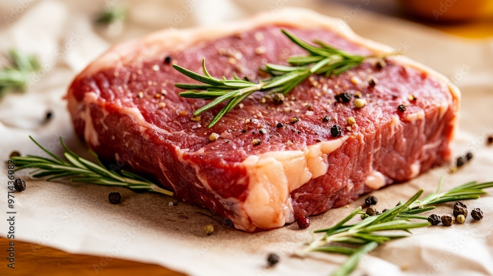 Raw beef steak seasoned with rosemary and peppercorns on parchment paper. Raw beef steak seasoned with rosemary and peppercorns on parchment paper.