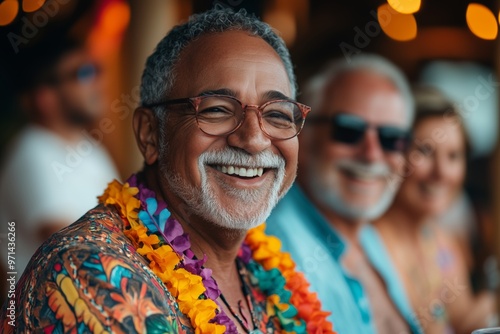 A cheerful senior man, wearing a colorful Hawaiian shirt and vibrant flower lei, smiles warmly while enjoying a tropical vacation with friends. 