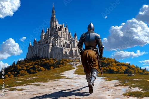 A French medieval knight returning to a grand chÃ¢teau, illustrating the feudal system and the chivalric code of the time photo