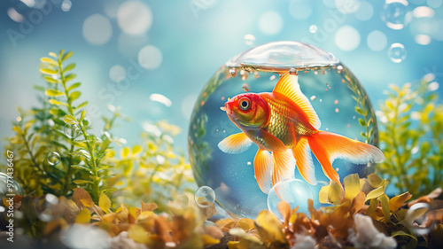 Colorful goldfish in a clear glass bowl surrounded by aquatic plants, highlighting the serene underwater environment and tranquil beauty of nature photo