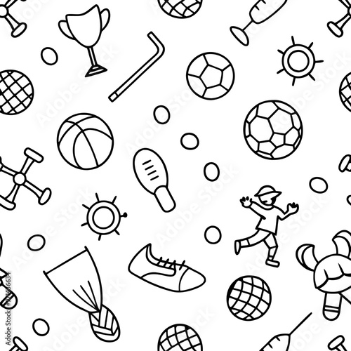 sports elements seamless pattern outline coloring book page line art drawing photo