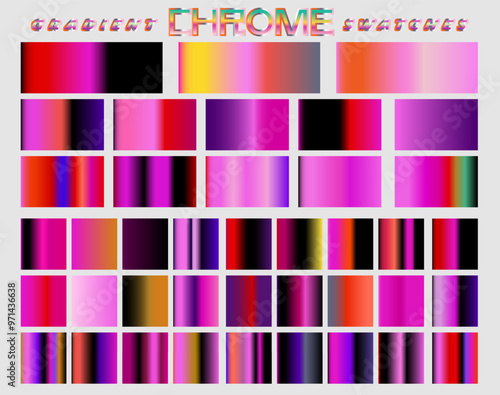 A grid of squares filled with a variety of chrome gradient with a metallic sheen. Designed to be used as a resource for art tools.