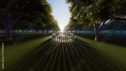 A diverse group of people standing in a circle, holding hands in a peaceful park at sunrise. This image captures unity, harmony, and community spirit, perfect for themes of togetherness and connection