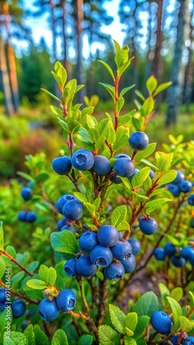 Bog bilberries, bog blueberries Vaccinium uliginosum on bushes in forest in summer photo