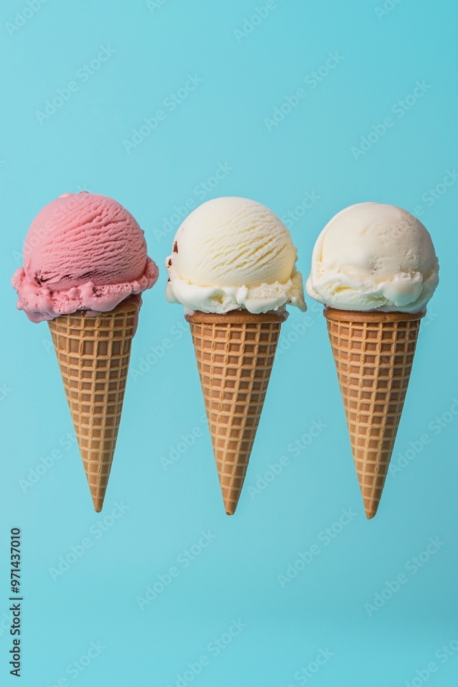Three ice cream cones with vanilla, strawberry, and chocolate sprinkles Three ice cream cones with vanilla, strawberry, and chocolate sprinkles