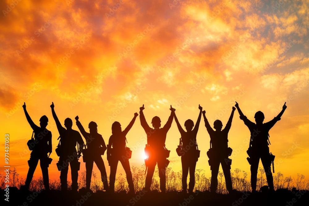 Silhouette of a happy business team group against a sunset sky for a business teamwork concept Silhouette of a happy business team group against a sunset sky for a business teamwork concept