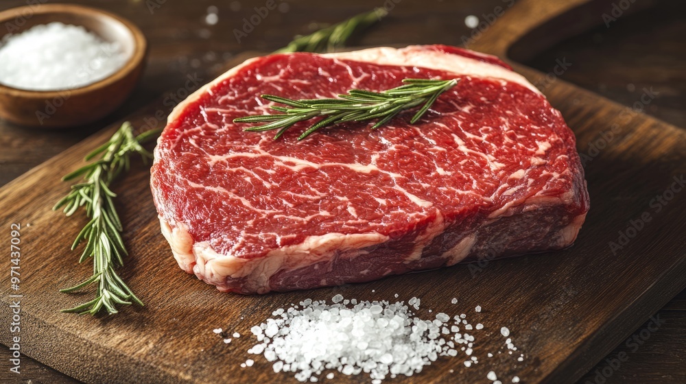 Raw steak seasoned with salt and rosemary on a wooden cutting board. Raw steak seasoned with salt and rosemary on a wooden cutting board.