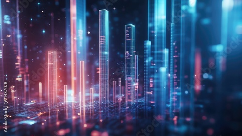 Wallpaper Mural A futuristic 3D bar graph floating in space, with transparent bars of different heights, set against a dark background, symbolizing high-tech data visualization. Torontodigital.ca