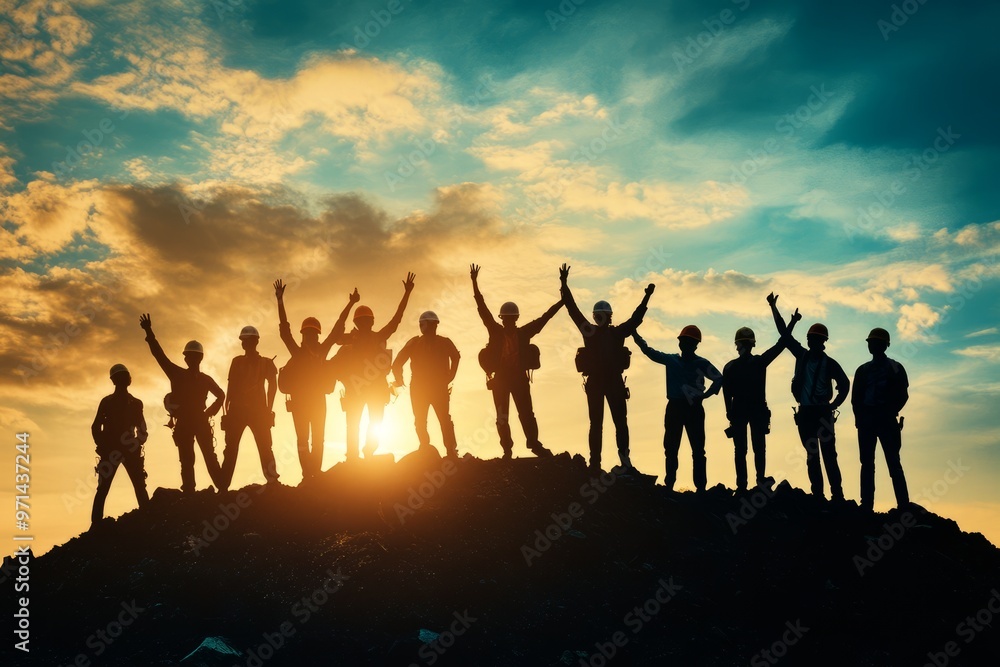 Silhouette of a happy business team group against a sunset sky for a business teamwork concept Silhouette of a happy business team group against a sunset sky for a business teamwork concept