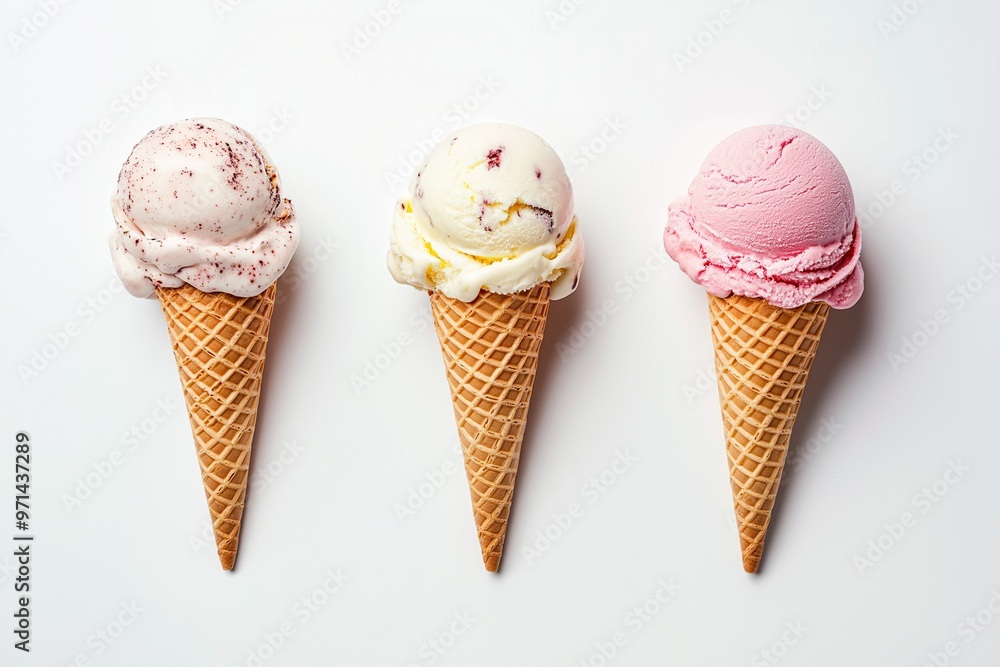 Ice cream cones with various flavors isolated on background Ice cream cones with various flavors isolated on background