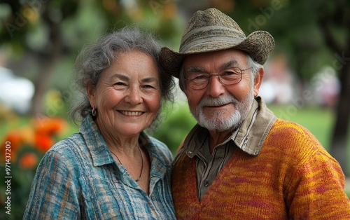 Happy Elderly Couple Smiling in a Lush Park Setting